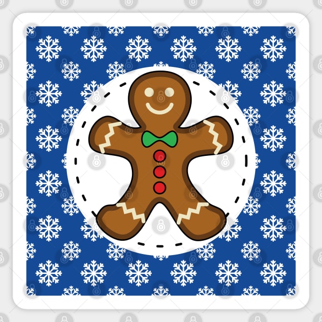 Gingerbread Man on Blue White Snowflakes Pattern Sticker by BirdAtWork